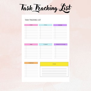 Op de afbeelding: Een printbare takenlijst met secties voor "Te kopen", "Te verkopen", "Te repareren", "Afval", "Te doneren", "Projecten om te plannen", "Te sorteren" en "Overig".