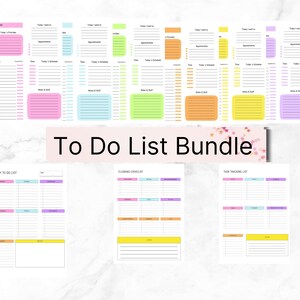 Op de afbeelding: Een set printbare to-do-lijst sjablonen in verschillende kleuren, waaronder roze, blauw, groen, geel en oranje. De sjablonen bevatten secties voor dagelijkse taken, afspraken, notities, en een wekelijkse to-do-lijst, schoonmaakchecklist en taakvolglijst.