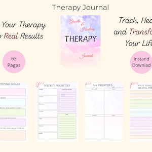 Op de afbeelding: Een therapie dagboek in pastelkleuren. De omslag toont "Growth & Healing THERAPY Journal". Binnenpagina's bieden prompts voor doelstellingen, weekplanning en emotie tracking. Het dagboek heeft 63 pagina's en is direct te downloaden.