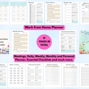 Op de afbeelding: Een verzameling afdrukbare plannerpagina's, waaronder kalenders voor 2025 en 2026, dagelijkse, wekelijkse en maandelijkse planners en checklists. De planner heet "Work From Home Planner" en bevat in totaal 47 pagina's.