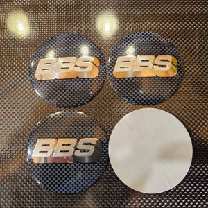 BBS Carbon-Fiber & silver Wheel Center Caps | 56 mm · 60 mm · 65 mm | Domed Resin Emblem Decals (Set of 4)