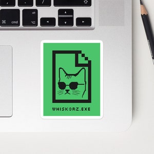 May include: A green sticker with a black outline of a cat wearing sunglasses and a file folder icon. The text "WHISKORZ.EXE" is below the cat.