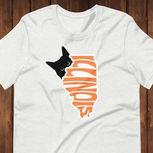 Puede incluir: Camiseta gris claro con un gato negro asomándose por detrás de un contorno naranja del estado de Illinois. La palabra "ILLINOIS" está impresa en naranja dentro de la forma del estado.