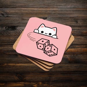 Rosa Katzen Untersetzer Rollen die Würfeln, Nettes Geschenk für Katzen Liebhaber & Brettspiel Liebhaber, Lustiges Geschenk für Tierliebhaber & Kartenspieler
