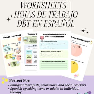 Può includere: Un insieme di fogli di lavoro DBT in spagnolo, intitolato "SPANISH DBT WORKSHEETS | HOJAS DE TRABAJO DBT EN ESPAÑOL". I fogli di lavoro trattano argomenti come la tolleranza, l'accettazione radicale e la consapevolezza, con grafica e testo.