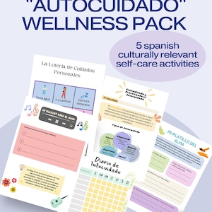 Paquete de bienestar en español para autocuidado con TCC: hojas de trabajo de autocuidado, lotería, diario y actividades
