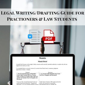 May include: A laptop displays a legal document with the title "Models Model Brief." The image includes a gavel, a balance scale, and icons for Word and PDF documents. The text reads "LEGAL WRITING/DRAFTING GUIDE FOR PRACTITIONERS & LAW STUDENTS."