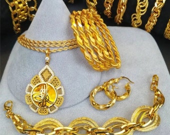 Pulsera de 4 piezas chapada en oro de 22 quilates, 1 collar chapado en oro, 1 pulsera chapada en oro, pendiente de 1 pieza, regalo del día de la madre, regalo de boda