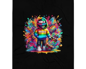 May include: A colorful illustration of a Roblox character holding a skateboard. The character is wearing a rainbow hoodie with the word "Roblox" on it. The background is a colorful explosion of paint splatters and music notes.