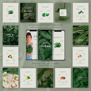 栄養に関するInstagramテンプレート：グリーン＆ベージュのウェルネス投稿（Canva、デジタルダウンロード）