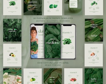 Modelli Instagram per la nutrizione: post sul benessere in verde e beige (Canva, download digitale)
