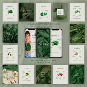 May include: A collection of 90 Instagram nutrition templates featuring various green food graphics, text labels for vitamins A, C, D, E, K, and B, and wellness quotes. The layout includes three smartphones displaying nutrition content and Canva branding.