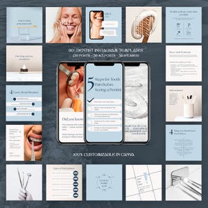 May include: A collection of 90 dentist Instagram templates in shades of blue and white. The templates include graphics, text, and images related to dental care, such as tooth pain steps, facts about bruxism, and dental tools. The text "100% Customizable in Canva" is also included.