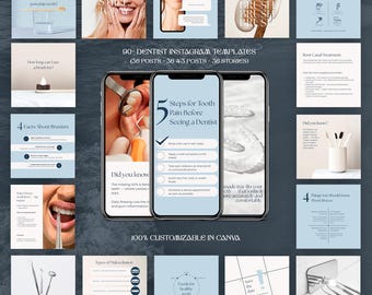 Más de 90 plantillas editables de Instagram para dentistas / Paquete de marketing para clínicas dentales / Kit para redes sociales en azul y beige