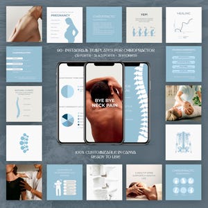 Può includere: Immagine promozionale di 90 modelli Instagram per chiropratici. I modelli presentano grafica e testo relativi alla cura chiropratica, alla salute della colonna vertebrale e al sollievo dal dolore al collo. Il testo "Bye Bye Neck Pain" è visibile.