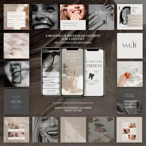 Può includere: Una collezione digitale di oltre 90 modelli Instagram per dentisti, con vari layout che includono immagini dentali, sovrapposizioni di testo e icone. Il set include design per post e storie, completamente personalizzabili su Canva.