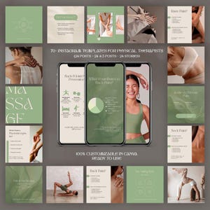 Könnte beinhalten: Eine Sammlung von Instagram-Vorlagen für Physiotherapeuten in Grün und Weiß. Die Vorlagen behandeln Themen wie Rückenschmerzen, Gelenkprävention und Physiotherapie. Der Text enthält "70+ Instagram-Vorlagen" und "100% anpassbar in Canva, einsatzbereit."