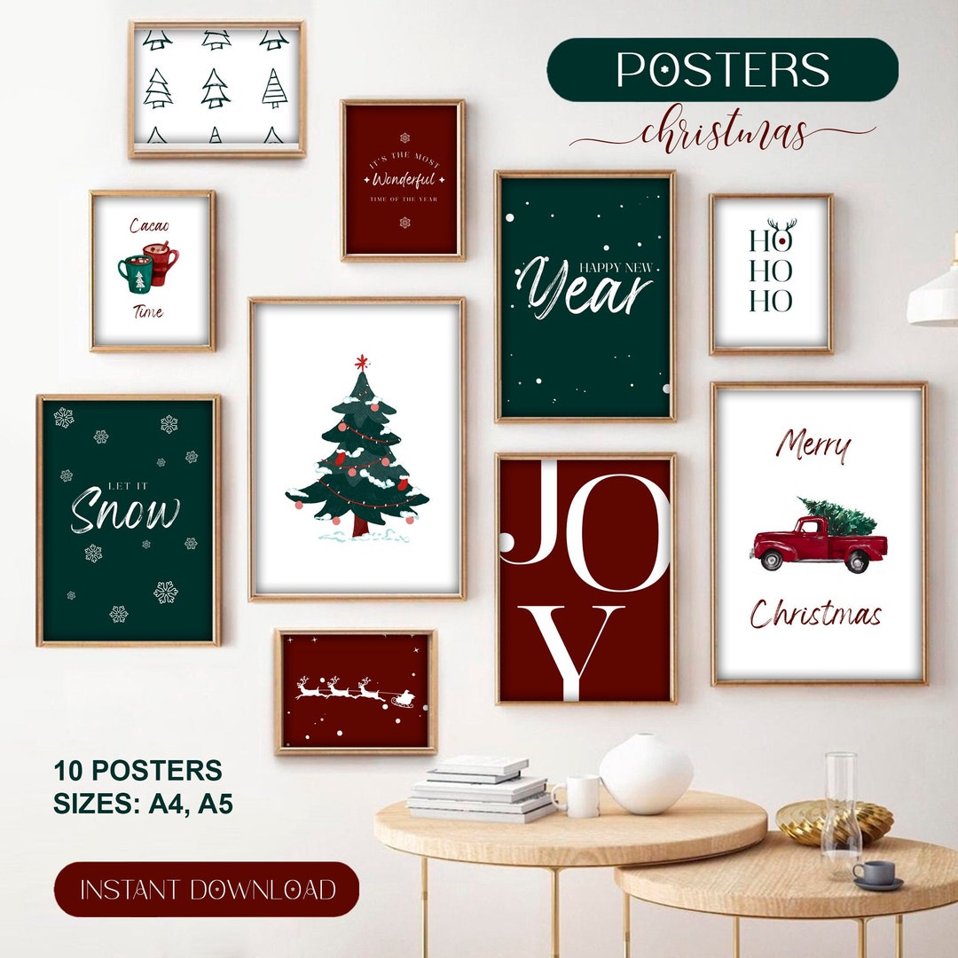Red&green Christmas Wall Art, Set of 10 Christmas Poster Prints, Cozy