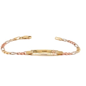 14k Kids Gold ID Bracelet with Gold Name Overlay and Rose Gold Cross