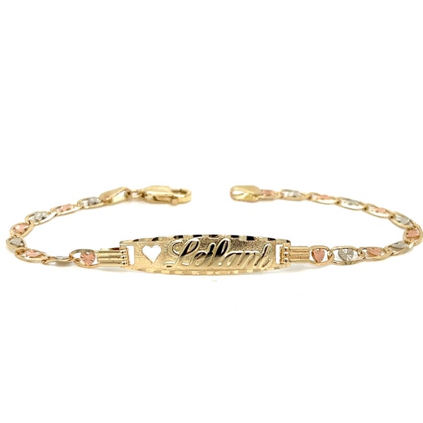 14k Kids Gold ID Bracelet with Gold Name Overlay and Tri Color Heart Links