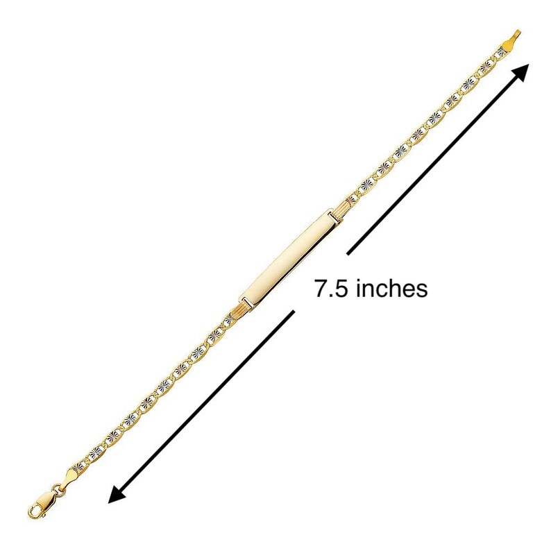 May include: A gold chain bracelet with a rectangular nameplate. The bracelet is 7.5 inches long.