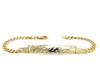 14k Yellow Gold Women's Cuban Link ID Bracelet with Gold Name Overlay