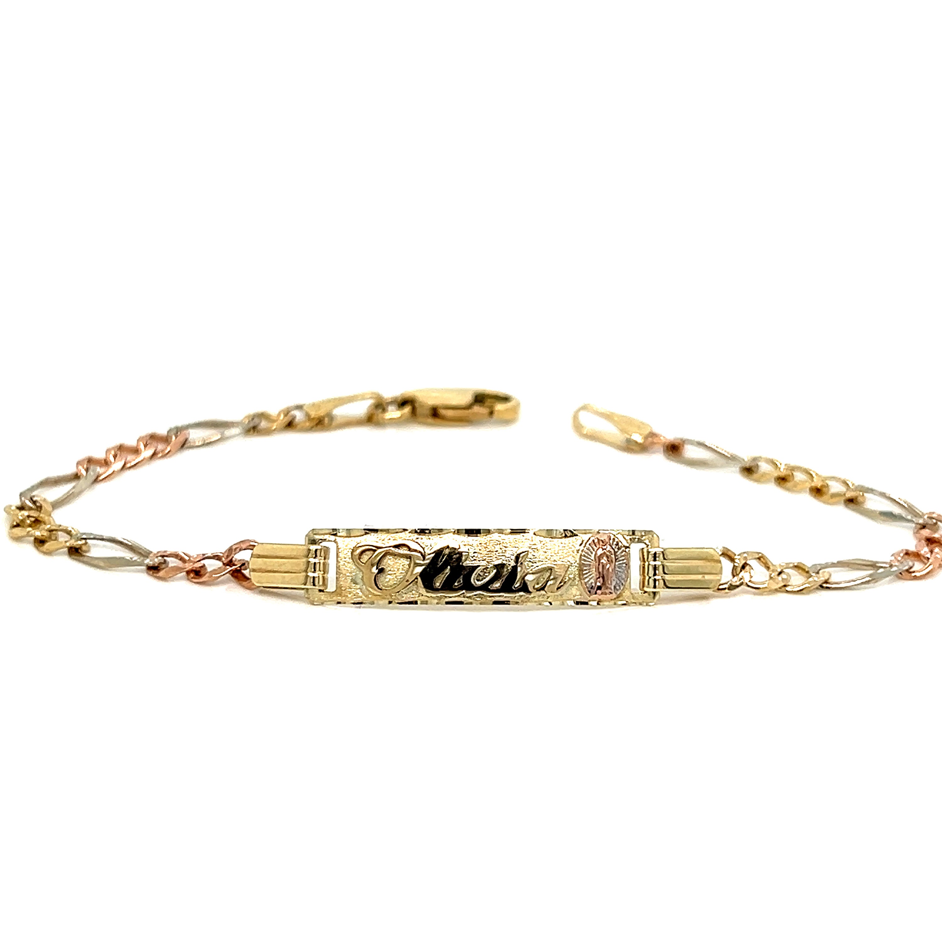 14k Kids Gold ID Bracelet With Gold Name Overlay and Virgin Mary