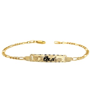 14k Kids Gold ID Bracelet with Gold Name Overlay and Figaro Bracelet