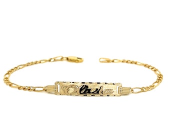 14k Gold Kids ID Bracelet, Figaro Chain, Personalized Name Overlay