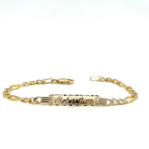 14k Kids Gold ID Bracelet with Gold Name Overlay and Figaro Pavé Link