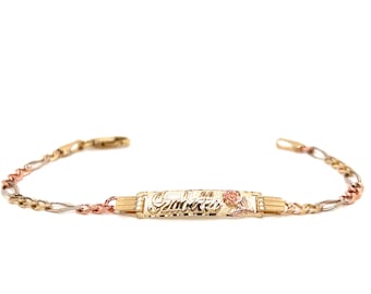 14k Kids Gold ID Bracelet with Rose and Tri-Color Figaro Links