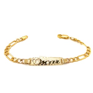 14k Kids Gold ID Bracelet with Gold Name Overlay and Wide Figaro Links