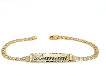 14k Kids Cuban Pave Link Gold ID Bracelet with Gold Name Overlay