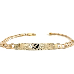 14k Yellow Gold Mens 7mm Cuban Link ID Bracelet with Gold Name Overlay