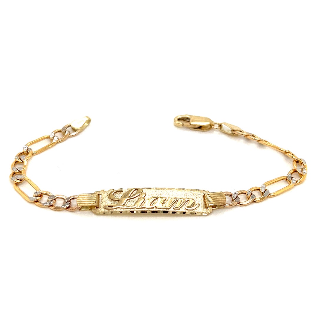 14k Kids Gold ID Bracelet With Gold Name Overlay and Wide Figaro Pavé Links Etsy