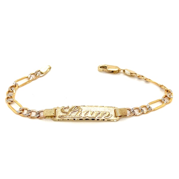 14k Kids Gold ID Bracelet with Gold Name Overlay and Wide Figaro Pavé Links