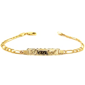 14k Kids Gold ID Bracelet with Gold Name Overlay and Figaro Chain