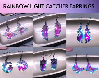 Rainbow Light Catcher Earrings, Multi-Colored Butterfly Earrings, Rainbow Lightning Bolt Earrings, , Filigree Moon & Cat, Shiny Owl Earrings