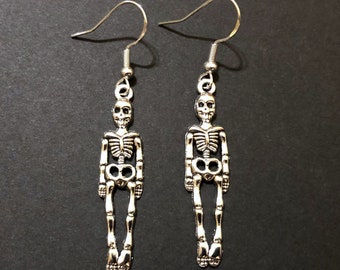 Skeleton Earrings - Antique Silver Plated Gothic Earrings - Skeleton Jewelry Gift - Halloween Earrings