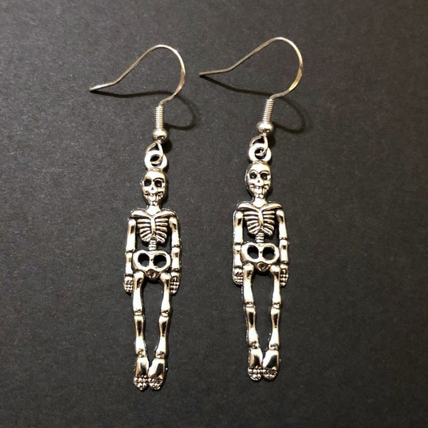 Silver Skeleton Earrings, 925 Sterling Silver Plated or Stainless Hook, Gothic Earrings, Halloween Earrings, Skeleton Earring Gifts For Her