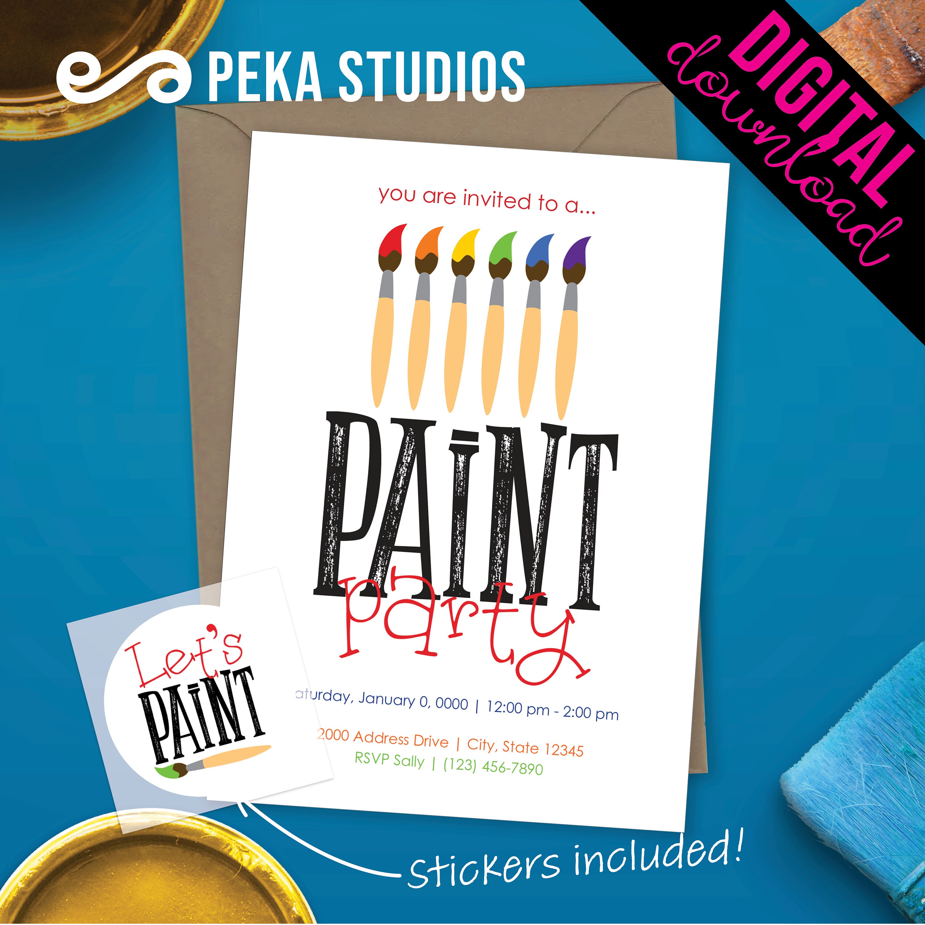 Paint Party Invite and Sticker Template Etsy
