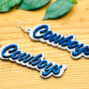 Cowboy Mascot Earrings Game Day Jewelry Gift for Her Handmade Laser Cut Lightweight Wood Blue and Silver Themed
