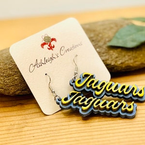 Jaguar Mascot Earrings Game Day Jewelry Football Gift for her Handmade Laser Cut Lightweight Wood YOUR CUSTOM COLORS!