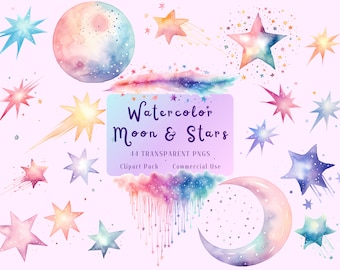 Watercolor Moon and Stars Clipart, Pastel Nursery Art (Digital Download)