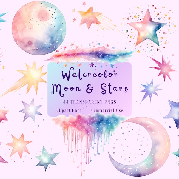 Watercolor Moon & Stars PNG Clipart, Nursey, Baby, Star Fantasy Clip Art, Pastel Sky, Digital Download, Commercial Use, Scrapbook, Journal