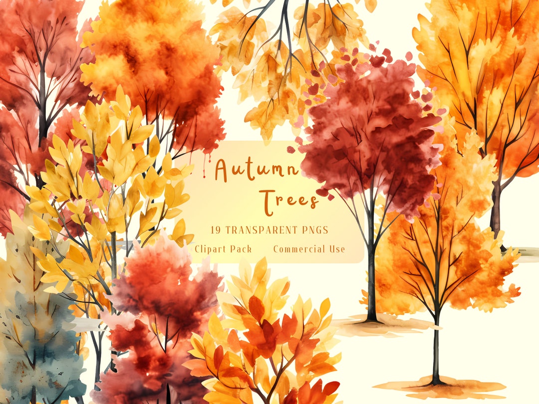 Watercolor Autumn Tree Clipart, Fall Foliage PNG Graphics (digital ...