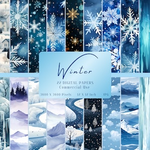 Snowflake Digital Paper, Winter, Textures, Blue White, Scrapbook Pages, Printable Paper, Journal, Instant Download, Commercial Use