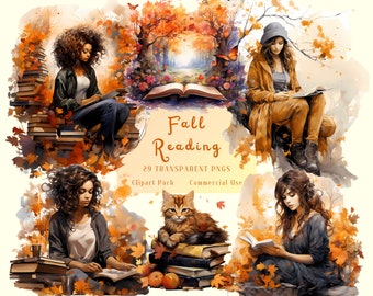 Watercolor Fall Reading Clipart, Autumn Women, Animals (Digital Download)