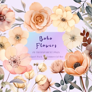 Watercolor Boho Flowers PNG Clipart, Bohemian Floral Clip Art, Wedding Botanical, Autumn Fall Flowers, Digital Download, Commercial Use