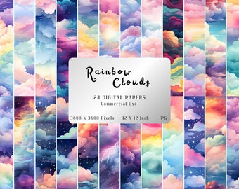 Rainbow Clouds Digital Paper, Watercolor Scrapbook (Instant Download)